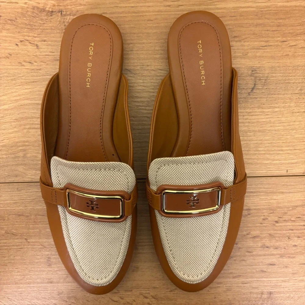 TORY BURCH Georgia Backless Loafer Mule Tan Ivory Women Size 8.5 Leather Woven